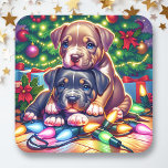 Two Cute Puppies Playing under the Christmas Tree Square Sticker<br><div class="desc">Cute Christmas stickers to seal Christmas cards or stocking stuff with an illustration of two cute puppies playing under the Christmas tree.</div>