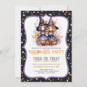 Two Cute Purple Watercolor Witches Invitation