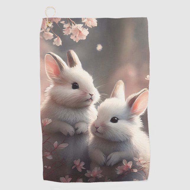 Two cute rabbits with sakura Golf Towel (Front)