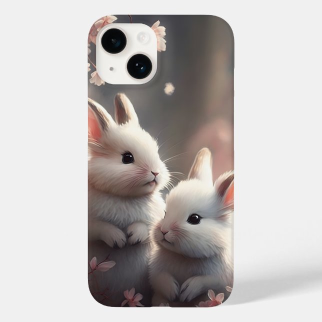 Two cute rabbits with sakura iPhone 14 case (Back)
