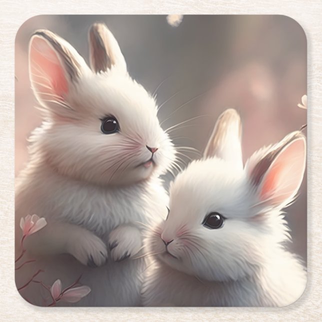 Two cute rabbits with sakura square Paper Coaster (Front)