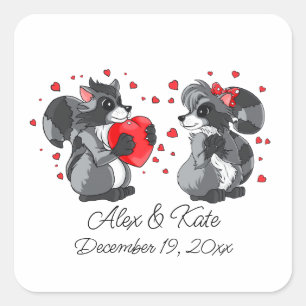 Two Cute Raccoons   Romantic Wedding  Square Sticker