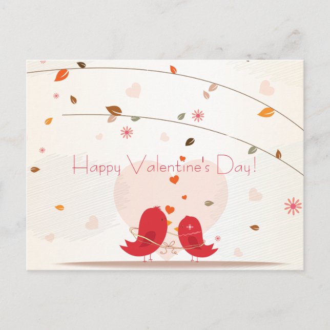 Two Cute Red Birds Happy Valentine Day Postcard (Front)