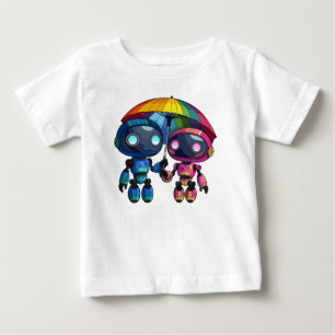 two cute robots with a colourful umbrella baby T-Shirt