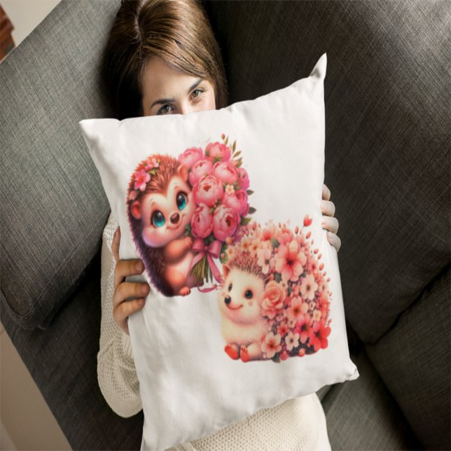 Two Cute Romantic Floral Hedgehog Couple Illustrat Cushion (Creator Uploaded)