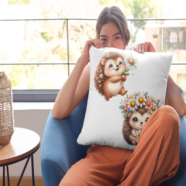 Two Cute Romantic Floral Hedgehog Couple Throw Pil Cushion (Creator Uploaded)