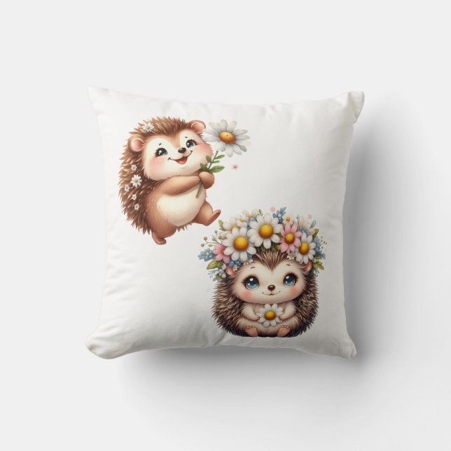 Two Cute Romantic Floral Hedgehog Couple Throw Pil Cushion (Front)