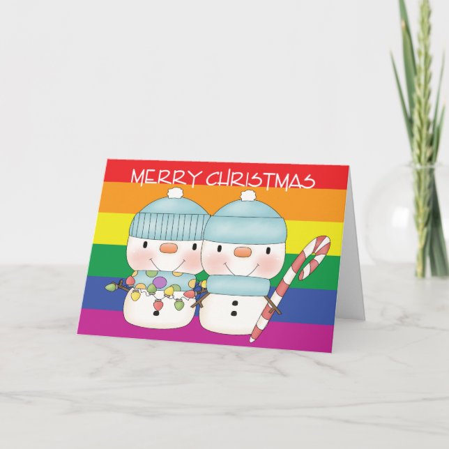 Two Cute Snowmen Gay Pride Christmas Holiday Card (Front)