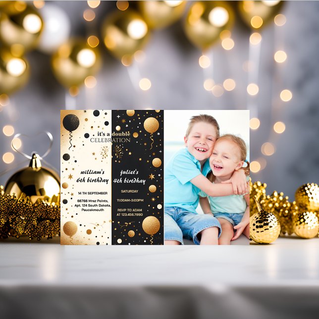 two cute twin Black simple modern Joint Birthday Invitation (Creator Uploaded)