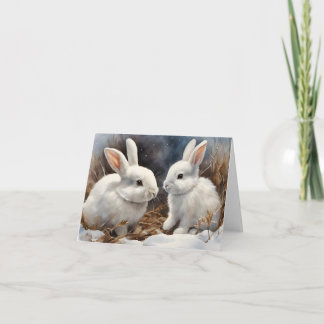 Two Cute White Bunny Rabbits in Snow Blank Card