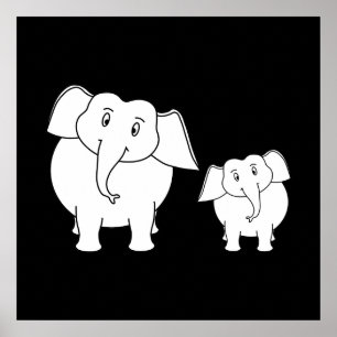 Two Cute White Elephants on Black. Cartoon. Poster