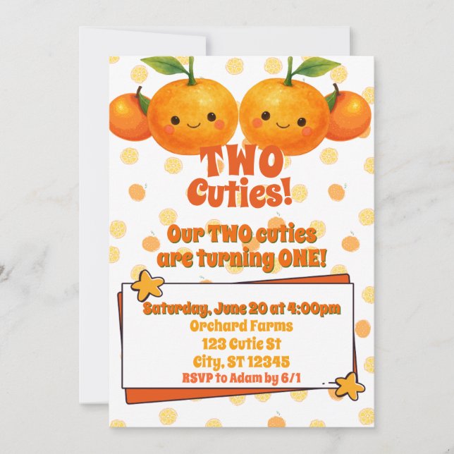 Two Cuties twin clementine birthday Invitation (Front)