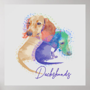 Two Dachshund Dogs Watercolor Cute Colourful Poster