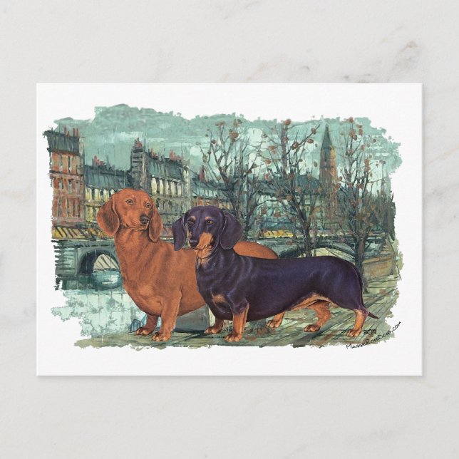 Two Dachshunds in the City Postcard (Front)