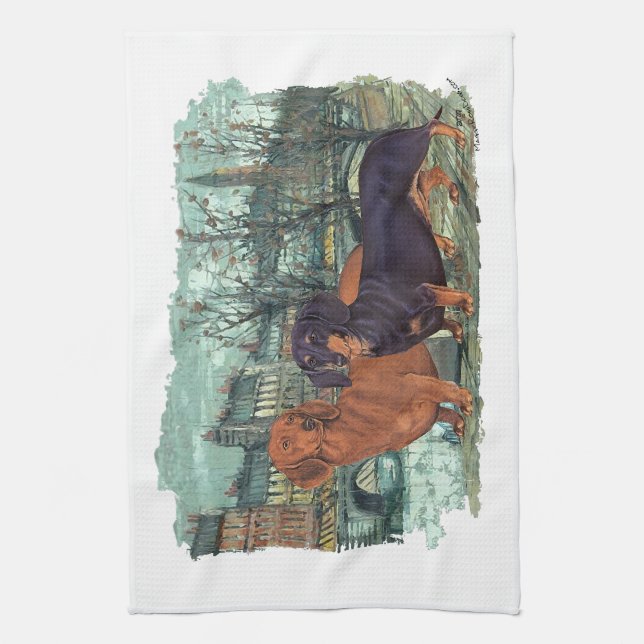 Two Dachshunds in the City Tea Towel (Vertical)