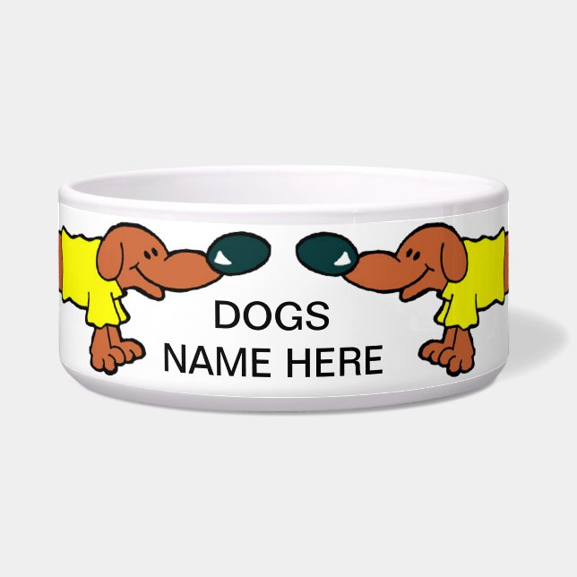 TWO DACHSHUNDS  SMILING  DOG DISH (Front)