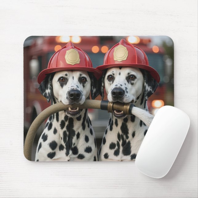 Two Dalmatian Dogs Holding a Fireman Hose Mouse Mat (With Mouse)