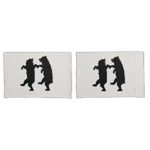 Two Dancing Black Silhouette Bears on White Pillowcase