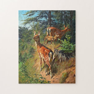 Two Deer And Cute Fawn In The Forest Jigsaw Puzzle