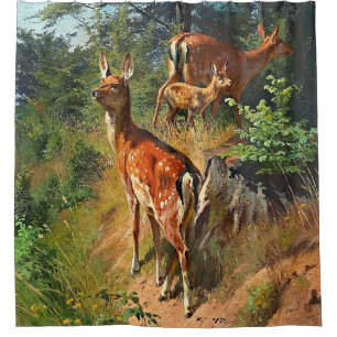 Two Deer And Cute Fawn In The Forest  Shower Curtain