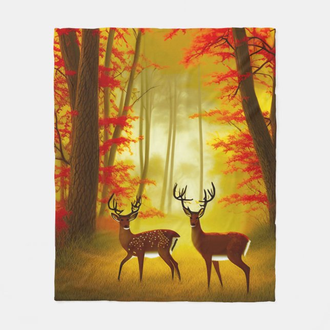 Two deer in an Autumn Forest / Woods Fleece Blanket (Front)