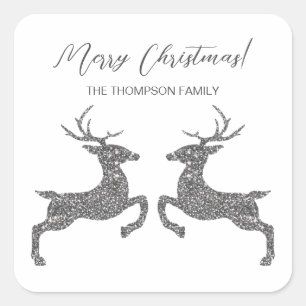 Two Deer In Faux Silver Glitter With Custom Text Square Sticker
