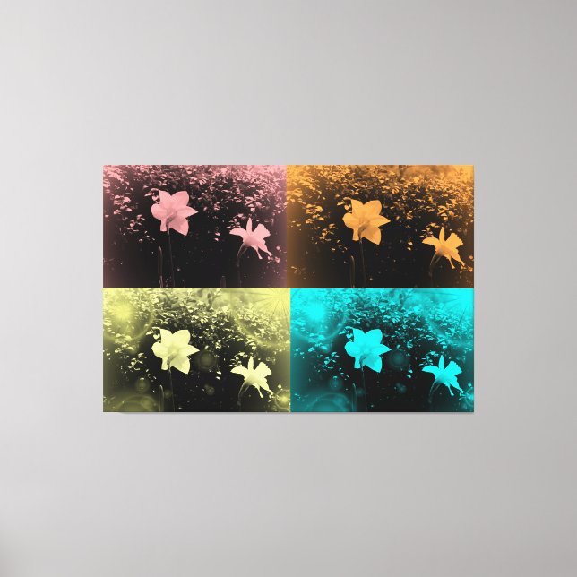 Two delicate flowers in pink, blue, yellow, marsal canvas print (Front)