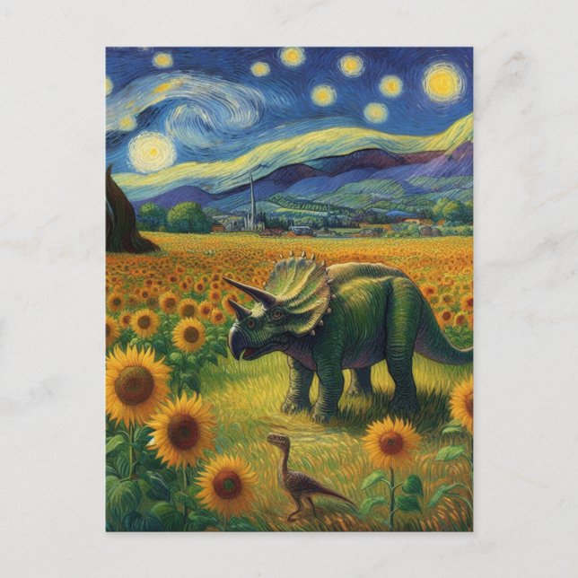 Two Dinos in Van Gogh Starry Night Sunflowers Postcard (Front)