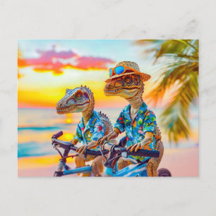 Two Dinos on Sunset Bike Ride Holiday Postcard