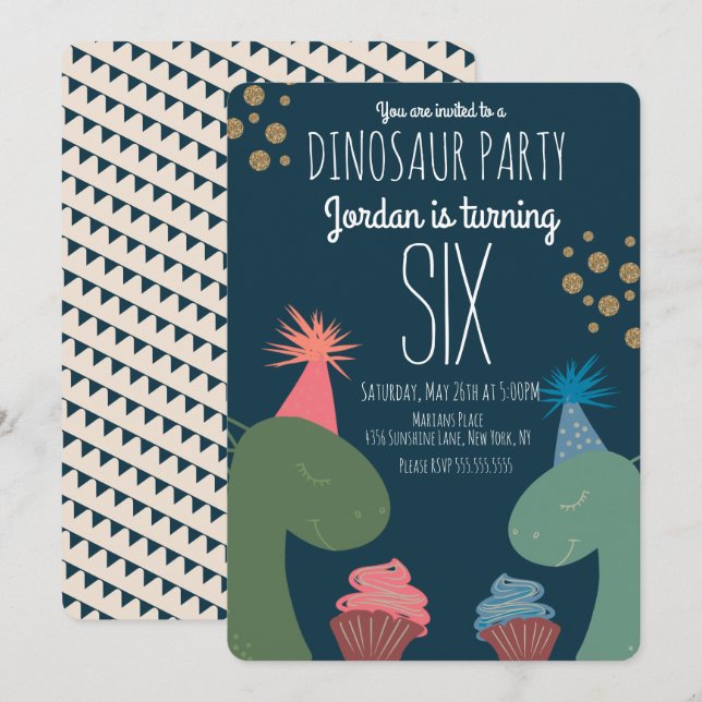 Two Dinosaur Birthday Cupcakes Glittler Confetti Invitation (Front/Back)