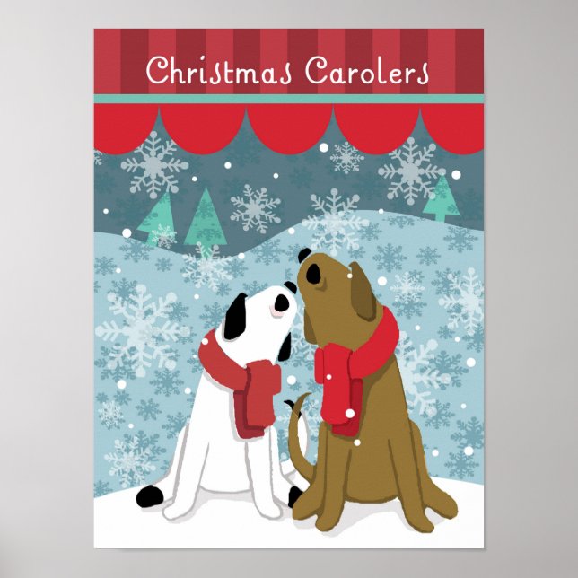 Two Dog Christmas Carolers Sing in Snow Poster (Front)