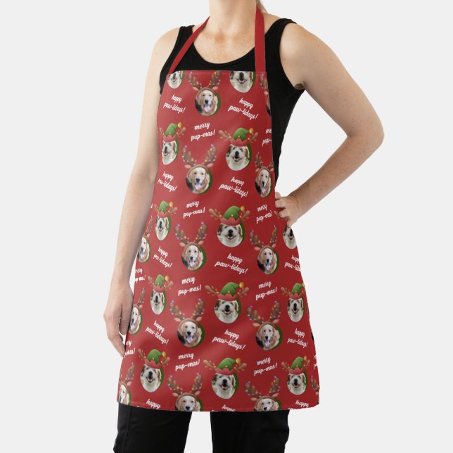 Two Dog Photo Elf & Reindeer Antler Hat Christmas Apron (Insitu)