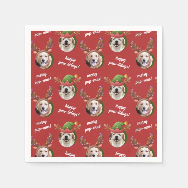 Two Dog Photo Elf & Reindeer Antler Hat Christmas Napkin (Front)