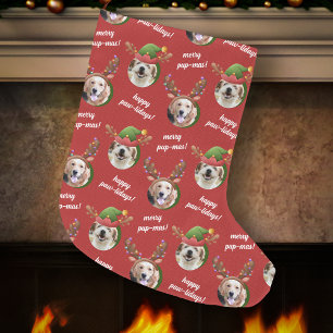 Two Dog Photo Reindeer Antler Merry Christmas Red Large Christmas Stocking