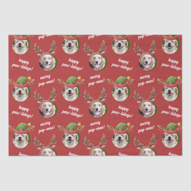 Two Dog Photo Reindeer Antler Merry Christmas Red Tissue Paper (Front)