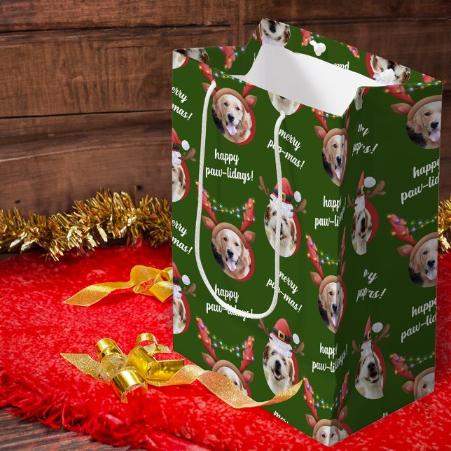 Two Dog Photo Reindeer Merry Christmas Green Medium Gift Bag (Creator Uploaded)