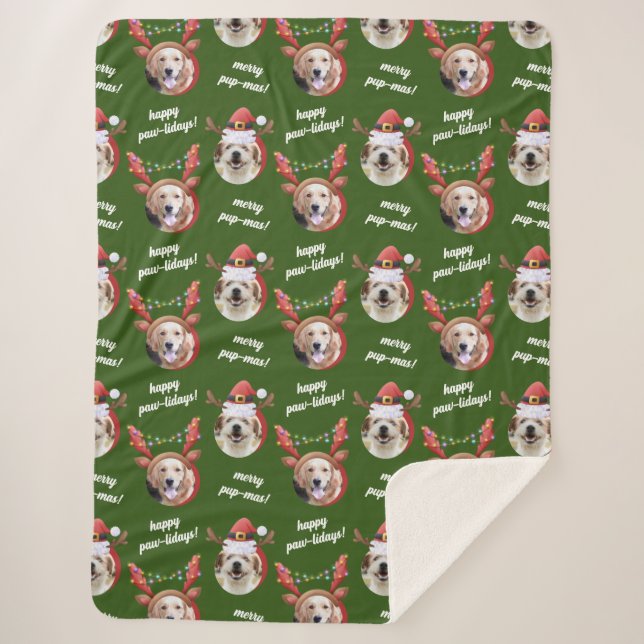 Two Dog Photo Reindeer Merry Christmas Green Sherpa Blanket (Front)