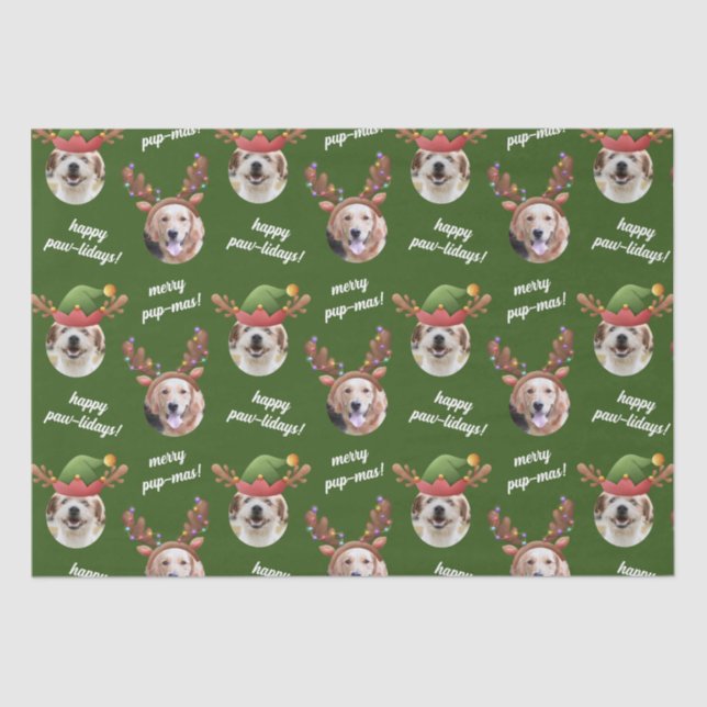 Two Dog Photo Reindeer Merry Christmas Green Tissue Paper (Front)