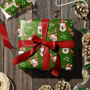 Two Dog Photo Reindeer Merry Christmas Green Wrapping Paper