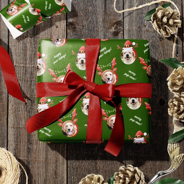 Two Dog Photo Reindeer Merry Christmas Green Wrapping Paper (Creator Uploaded)