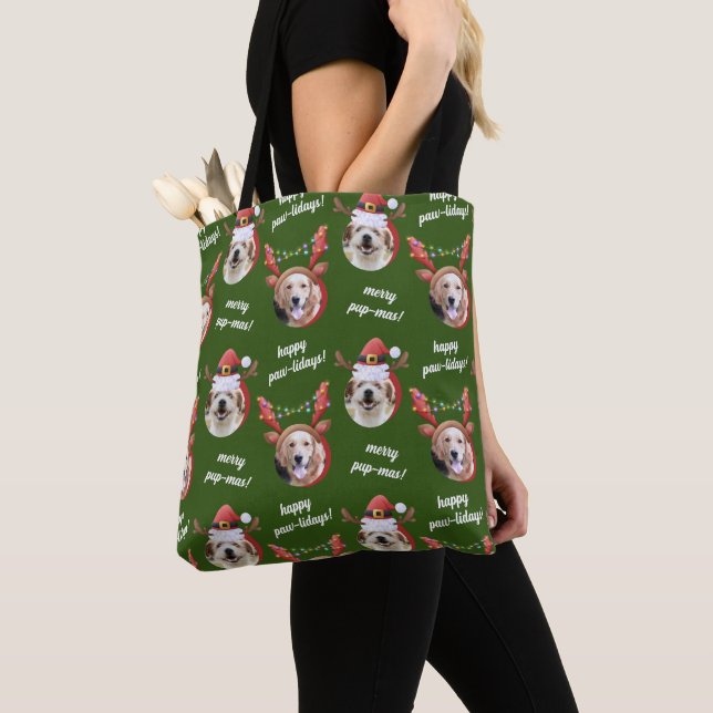 Two Dog Photo Santa Reindeer Antler Hat Christmas Tote Bag (Close Up)