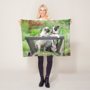 Two dogs a pug puppy and Boston Terrier in a cart Fleece Blanket