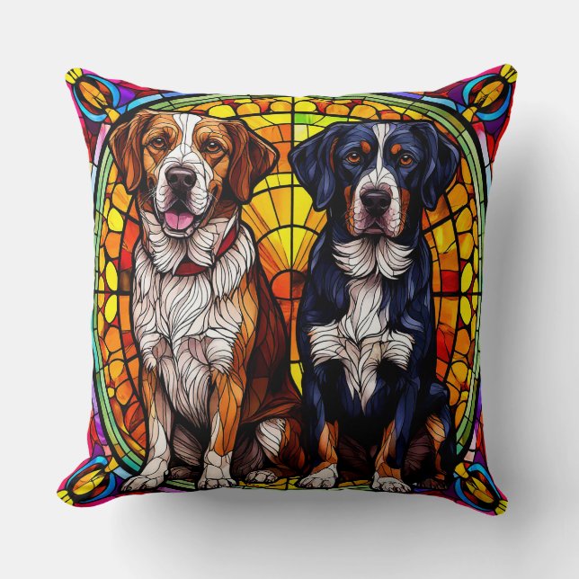 Two Dogs in a Stained-Glass Design Cushion (Front)