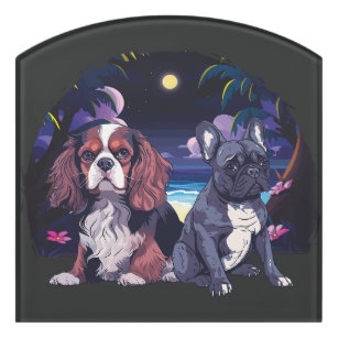 two dogs standing beside her under the night sky door sign