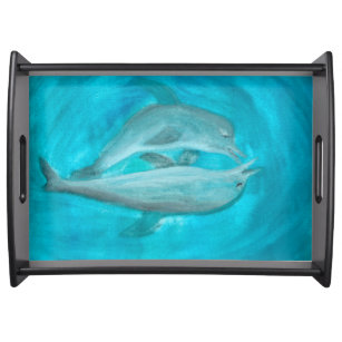Two Dolphins Playing Wild and Free in the Ocean  Serving Tray
