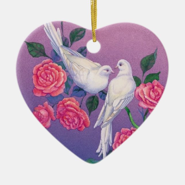 Two doves and flowers on a heart ceramic tree decoration (Front)