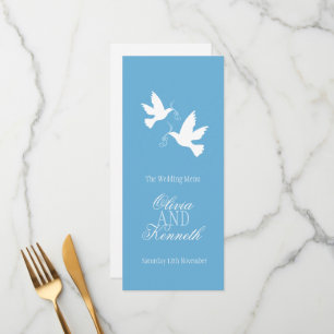 Two doves blue & white wedding dinner menu