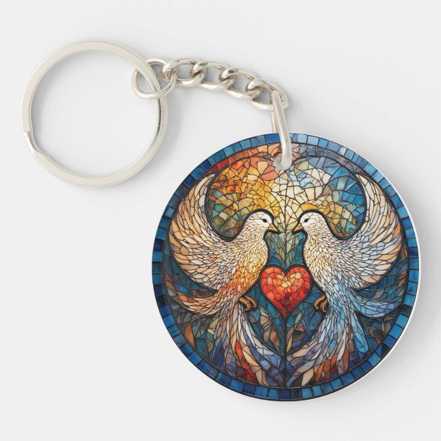 Two Doves Elegant Stained Glass Artwork Key Ring (Front)