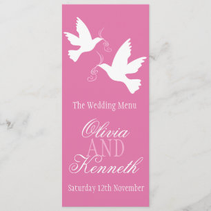 Two doves pink & white wedding dinner menu