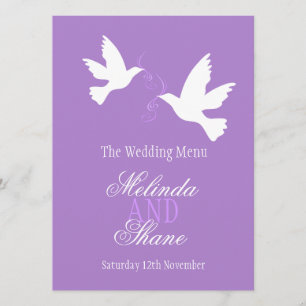 Two doves purple & white wedding dinner menu